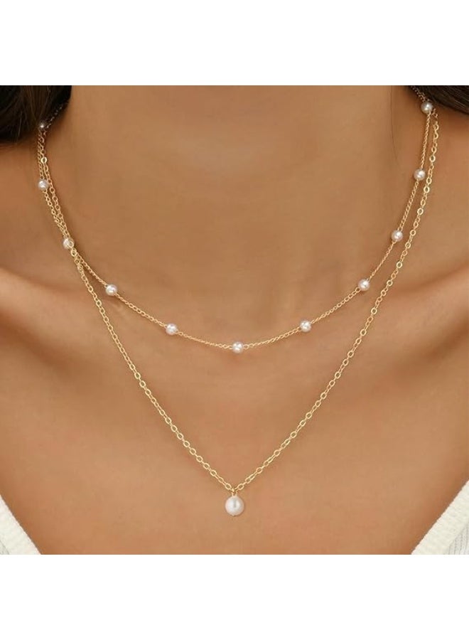 Ucanbe Pearl Pendant Necklace for Women, Vintage Alloy Layered Clavicle Chain Jewelry - Image 3